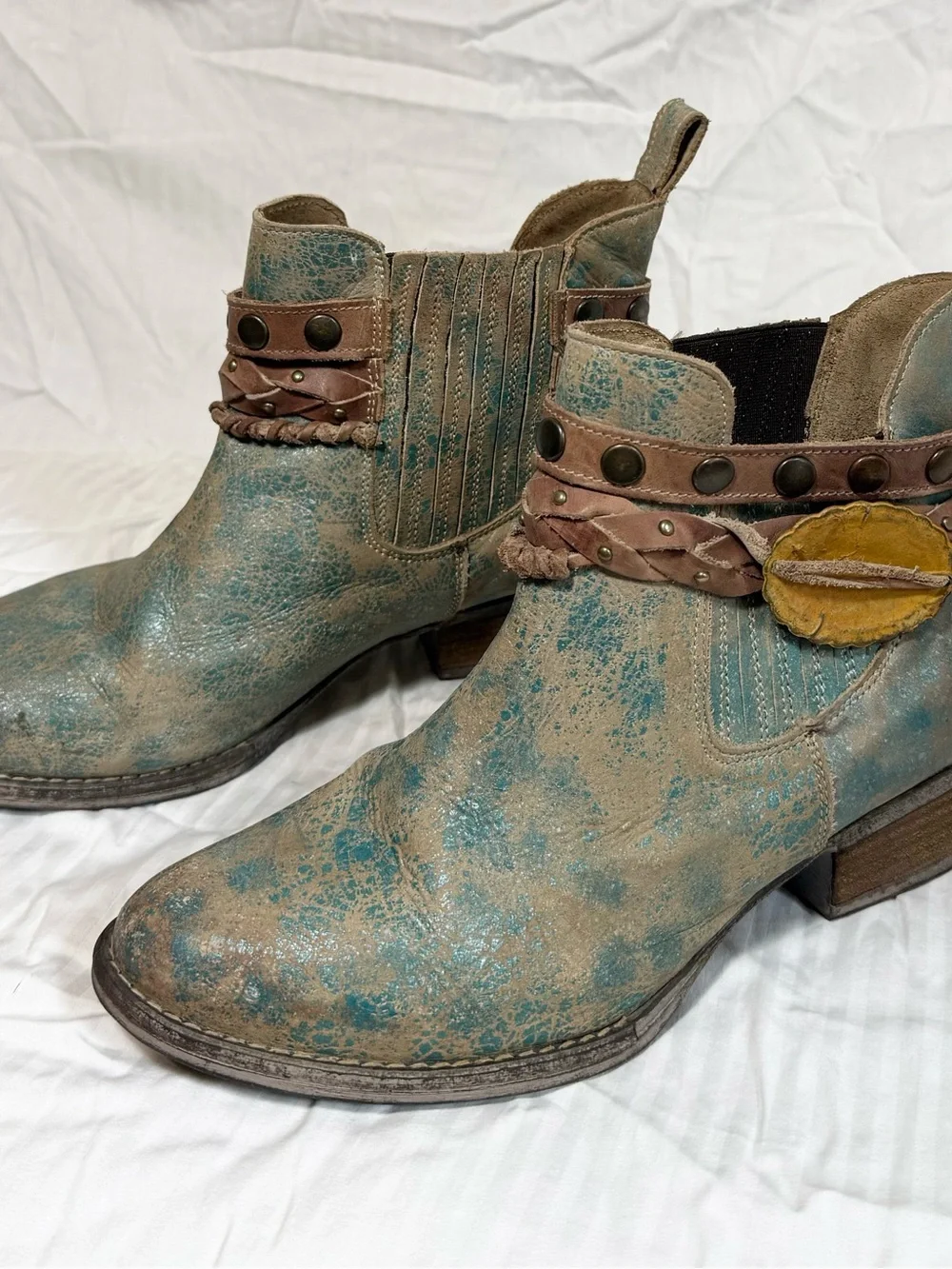 Circle G Teal Distressed Leather Ankle Booties with Braided Strap and Studs